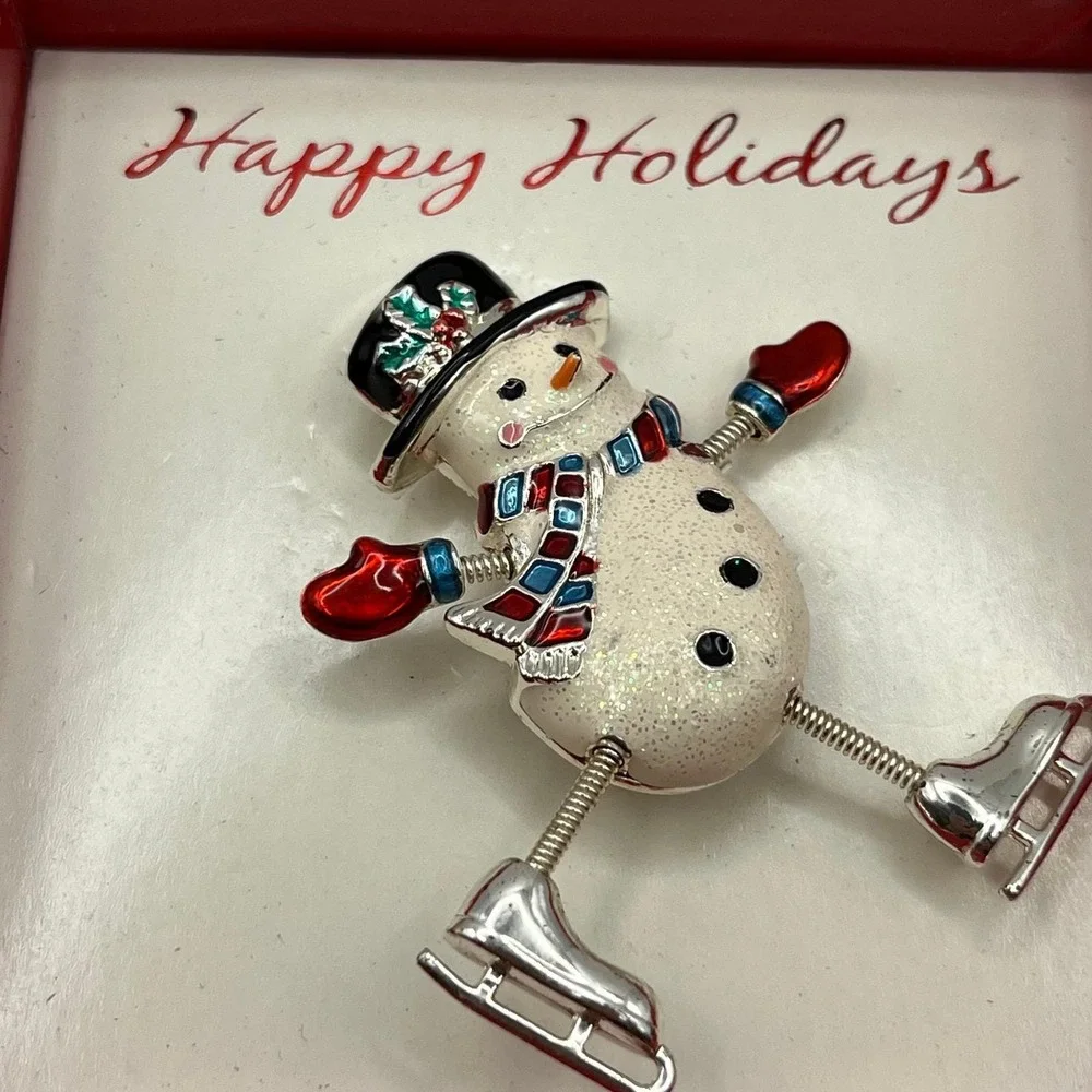 Vintage Sears Christmas Snowman Ice Skater Dangler Pin Brooch Moveable Arms Legs
